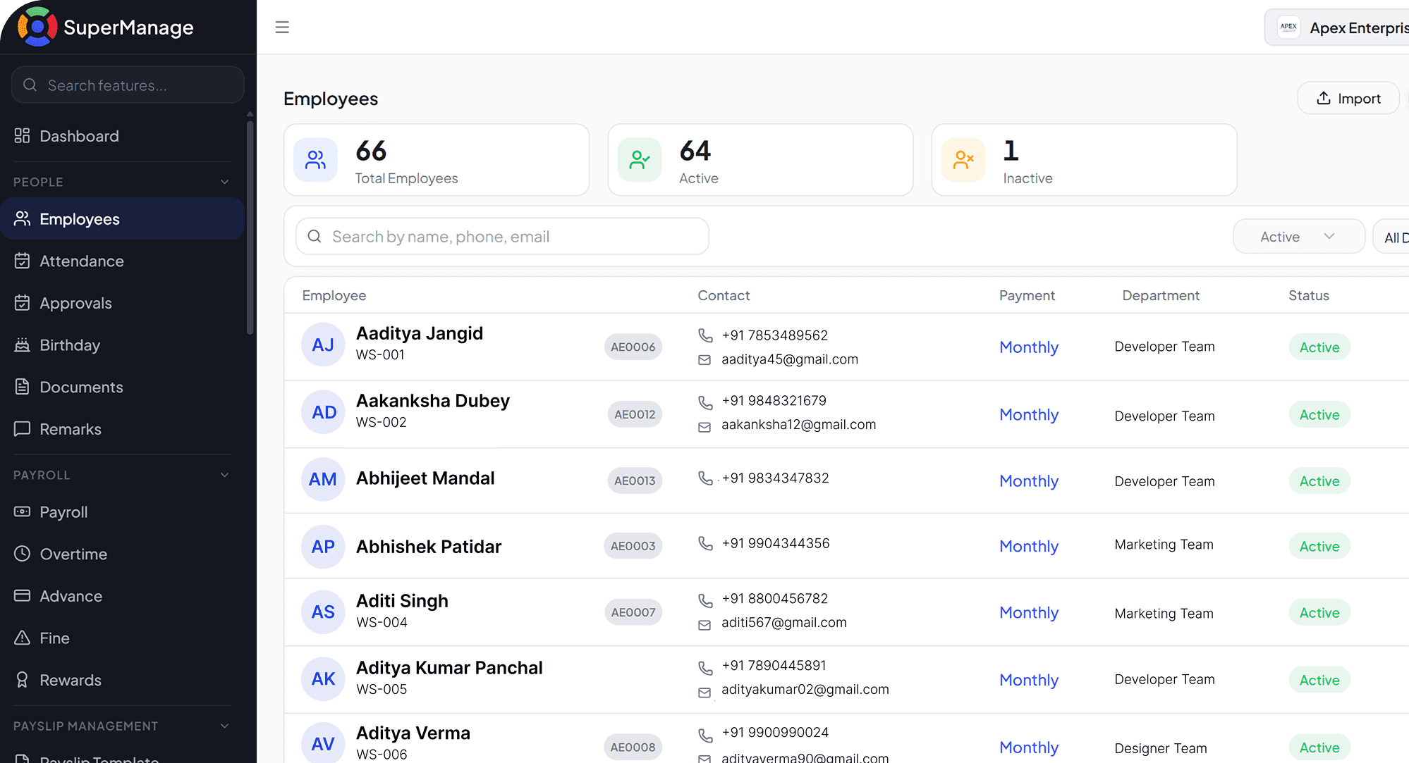 SuperManage HRMS attendance dashboard showing employee status, punch in/out, and hours