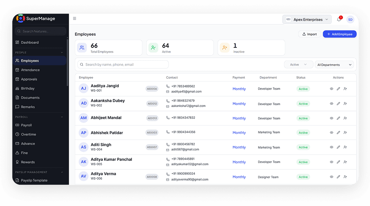 SuperManage HRMS attendance dashboard showing employee status, punch in/out, and hours