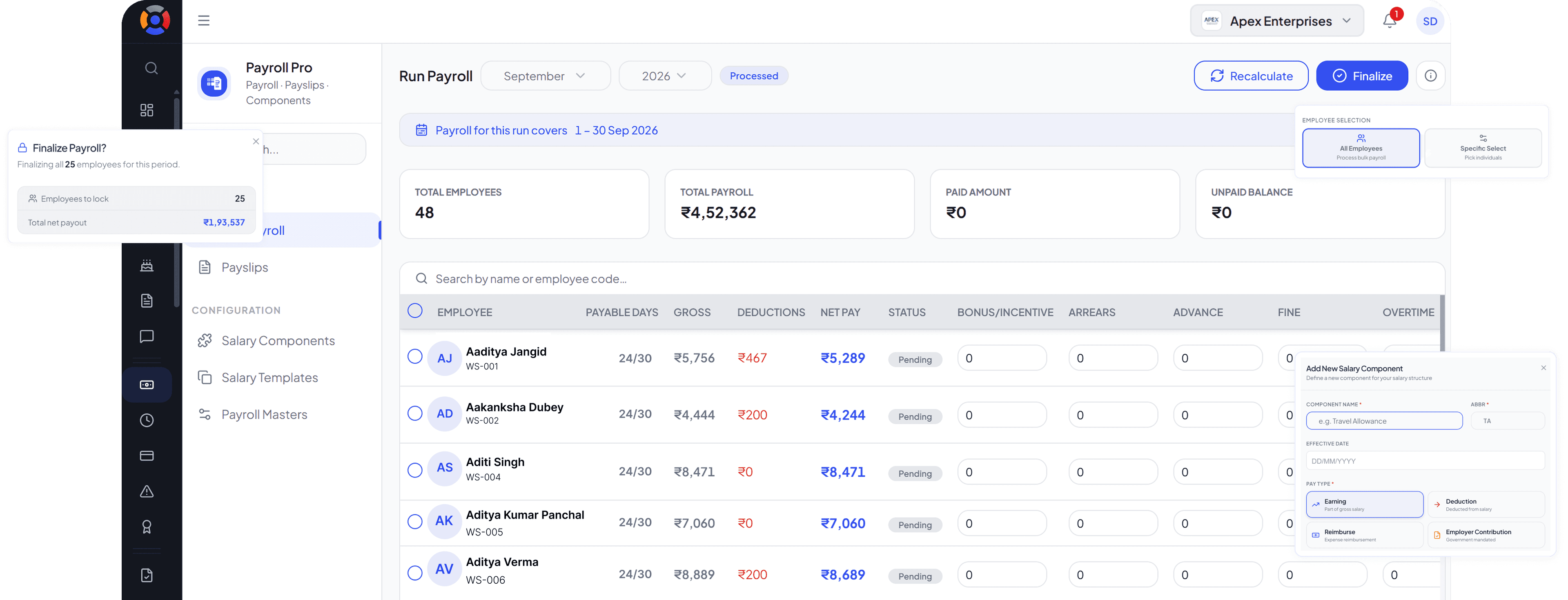 SuperManage HRMS dashboard showing attendance overview, employee stats, and upcoming payroll
