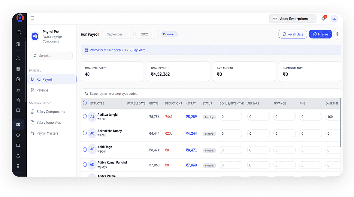 SuperManage HRMS attendance dashboard showing employee status, punch in/out, and hours